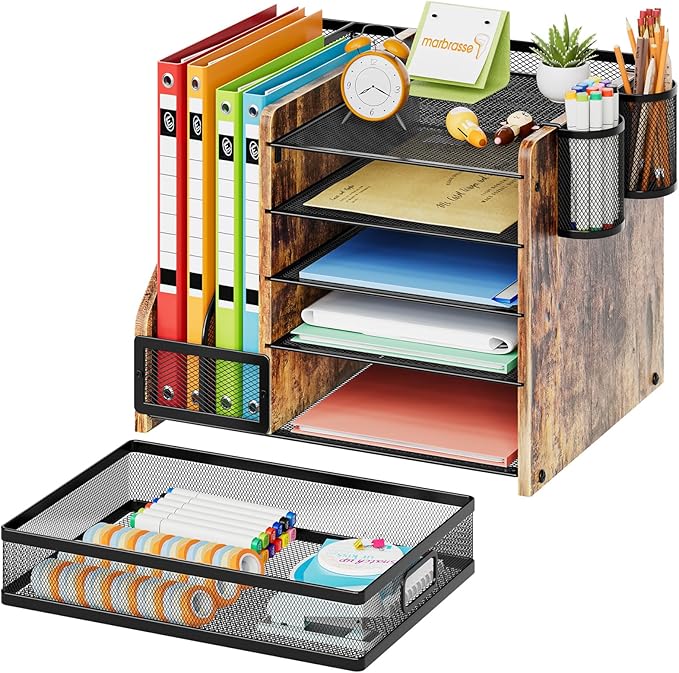Marbrasse Desk Organizer with File Holder, 5-Tier Paper Letter Tray Organizer with Drawer and 2 Pen Holder, Mesh Desktop Organizer and Storage with Magazine Holder for Office Supplies (Wood-Brown)