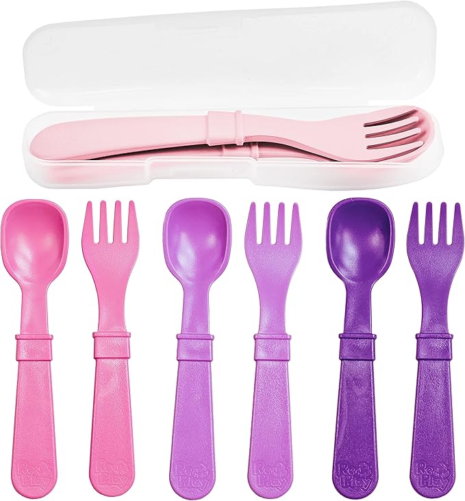 Re-Play Made in USA Toddler Forks and Spoons, Pack of 8 With Carrying Case - 4 Kids Forks with Rounded Tips and 4 Deep Scoop Toddler Spoons - 0.2" Thick Toddler Utensils with Case, Princess