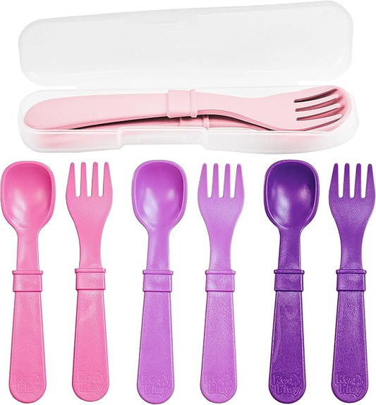 Re-Play Made in USA Toddler Forks and Spoons, Pack of 8 With Carrying Case - 4 Kids Forks with Rounded Tips and 4 Deep Scoop Toddler Spoons - 0.2" Thick Toddler Utensils with Case, Princess