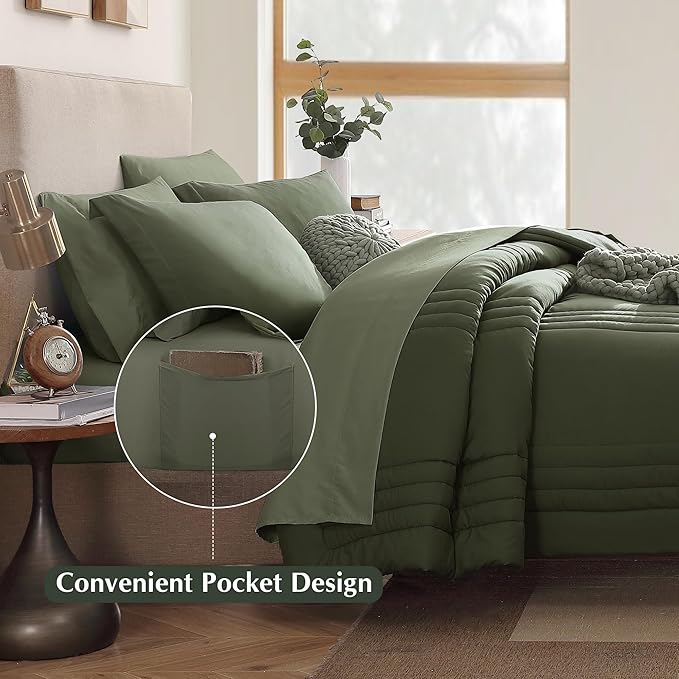 Monbix Full Comforter Set - 7 Pieces Olive Green Bed in a Bag Full Size Bedding Sets with Comforters, All Seasons Comforter with Sheets, Pillowcases & Shams