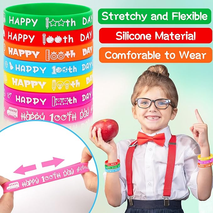 JUNEBRUSHS 100th Day of School Party Favors, 42pcs 100 Days of School Silicone Bracelets Rubber Wristbands for Kids School Party Students Kindergarten Teacher Preschool Gift Decorations Supplies