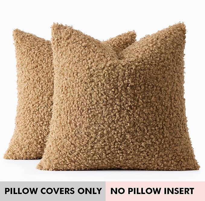 Woaboy Faux Fur Throw Pillow Covers 18x18 Inch Set of 2 Boucle Neutral Decorative Sherpa Fuzzy Accent Soft Sheepskin Fleece Cushions Modern Home Decor for Couch Sofa Bedroom Living Room,Light Brown