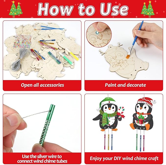 gisgfim 16 Pack Christmas Penguins Wind Chime Crafts Kits for Kids Make Your Own Penguin Wind Chime Wooden DIY Arts and Crafts for Christmas Party School Classroom Decorations Supplies Birthday Favors