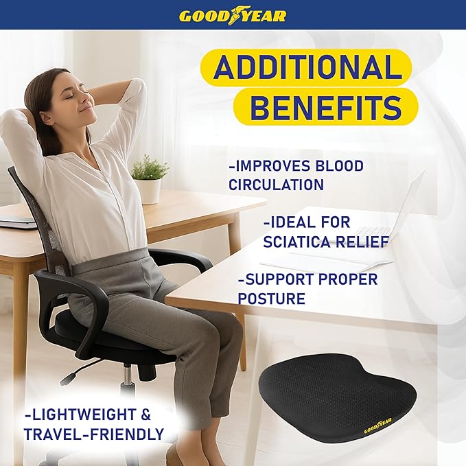 Goodyear Memory Foam Car Seat Cushion – Gel Seat Cushions for Office Chairs, Tailbone Pain Relief Cushion, Cooling Pillow, Slim Fit Car Seat