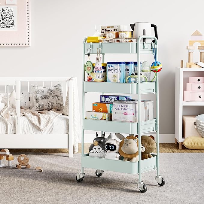 TOOLF 4-Tier Metal Rolling Cart with Wheels, Storage Utility Organizer Cart for Kitchen, Bathroom, Office, Baby Essentials & Makeup - Lockable Casters, Easy Assembly, Large Capacity, Green