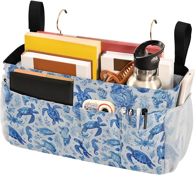 Ink Blue Turtles Fish Crabs Bedside Caddy for Dorm Bed Bedside Hanging Caddy Bag Iron Frame Storage Organizer Pocket for Bunk Home College Hospital Beds 2 Hooks