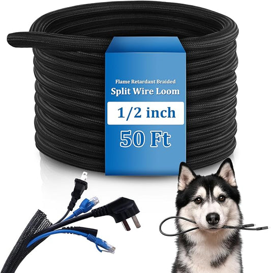 Pangda 50ft Split Wire Loom Tubing Flame Retardant Braided Cable Sleeve Split High Temperature Cable Conduit Auto Wire Conduit for Industrial Electrical Tinsel Automotive Marine (100 Ft, 1/2")