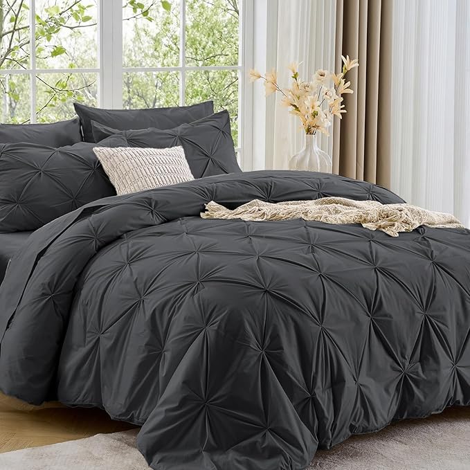 Sasttie King Size Comforter Set, 7-Piece Bed in a Bag, Pintuck Bedding Sets for All Season, Includes Comforter, Flat Sheet, Fitted Sheet, Pillowcases and Pillowshams, Dark Grey