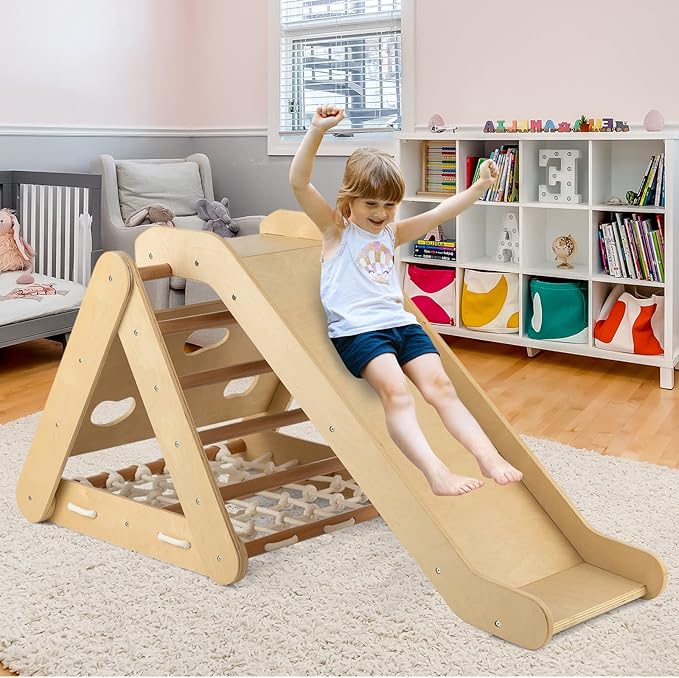 HONEY JOY 4-in-1 Triangle Climber with Ramp, 3-Side Kids Climbing Triangle Ladder with Net Rope & Bars, Wooden Montessori Climbing Toys for Toddlers Daycare, Gym & Playground, Gift for Boys Girls