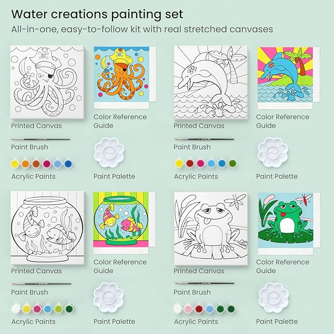 ARTEZA Kids Water Creatures Painting Kit, 4 Canvases 8 x 8 Inches, 24 Acrylic Paints, 4 Paint Brushes, 4 Palettes, Kids Activities Ages 6 and Up