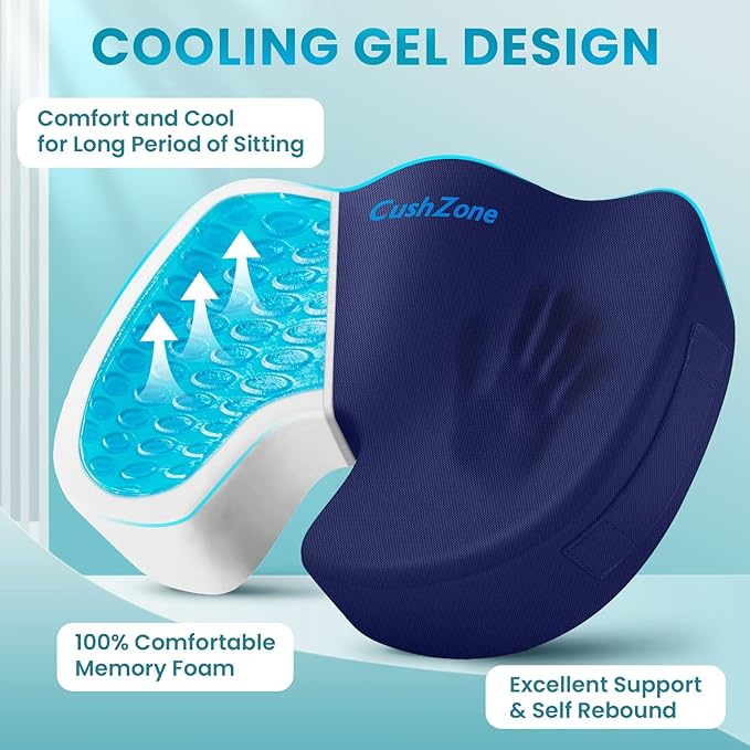 Office Chair Seat Cushion, Cooling Gel Enhanced Memory Foam Cushion for Long Sitting - Back, Sciatica, Coccyx, Tailbone Pain Relief Pillow - for Office, Gaming, Car, Wheelchair - Blue, X-Large