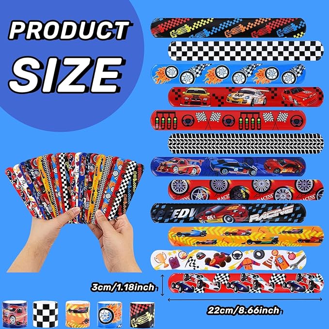 60pcs Hot Car Party Favors for Kids Bulk Slap Bracelets with Race Cars Theme Snap Bracelet for Kids, Goodie Bags Stuffers for Birthday Party, Treasure Box Toys for Classroom Prizes