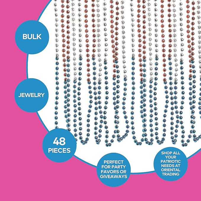 Fun Express - TrI-Color Patriotic Beaded Necklaces for Fourth of July - Jewelry - Mardi Gras Beads - Mot Round - Fourth of July - 48 Pieces