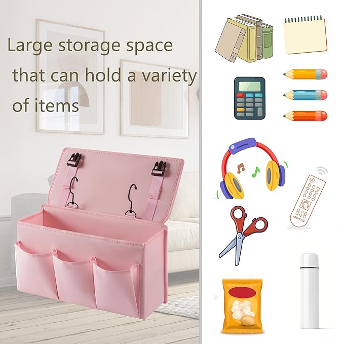 Bedside Caddy Bedside Storage Organizer,Bed Caddy With Thickened Material Suitable for Homes, Dormitories, Hospitals, Cribs, RVs，Great for Magazines,Books,Remote, Phone (Pink)