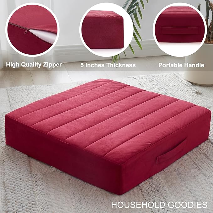 22 inches Floor Pillow for Adults - Large Meditation Cushion with Thick Foam & Soft Tufted Cover - Premium Outdoor Square Floor Cushion Seat - Yoga Pillows for Sitting On Floor - Burgundy
