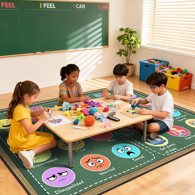 Classroom Rug Elementary 5x7ft for Playroom, Educational Smiley Face Kids Play Mat, Calming Corner Sensory Emotion Feelings Rug for Kids Room Nursery Bedroom, Non-Slip Washable(Green)