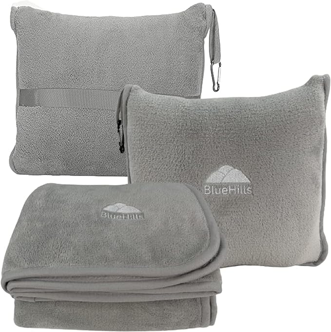 BlueHills Premium Soft Travel Blanket Pillow Airplane Flight Blanket Throw in Ultra-Soft Bag Pillow case Luggage Sleeve & Backpack Clip Large Air Warm Traveler Essentials - Light Gray T024