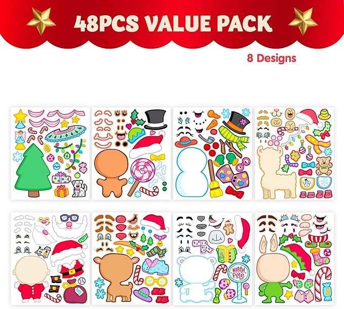 JOYIN 48 Pcs Christmas Make-a-face Sticker Sheets Make Your Own Characters Sticker with Full Body Design Santa Santa, Gingerbread, Snowman, Reindeer and Elf Kids Party Favor Supplies Xmas Craft