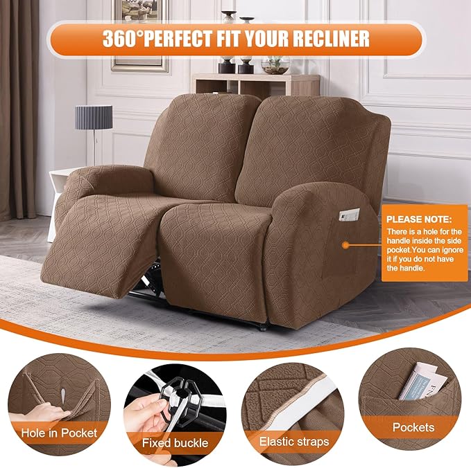 VANSOFY Oversized Recliner Cover, 2-Pieces Stretch Reclining Couch Cover with Pockets Loveseat Sofa Slipcovers Soft Washable Furniture Protector for Dogs Cats(Light Coffee)