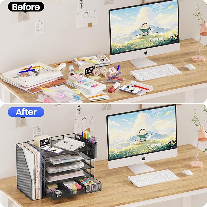 OPNICE Desk Organizer, 5-Tier Paper File Organizer with Drawer & Pen Holder, Office Desk Accessories, Workspace Desktop Organizer for Office Supplies(Black)