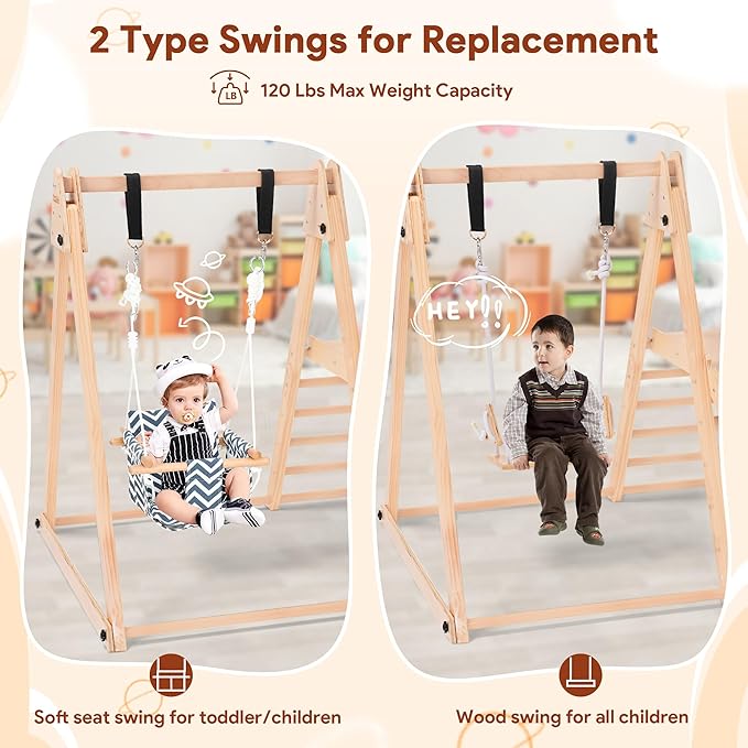 7 in 1 Indoor Jungle Gym for Kids, Foldable Toddler Indoor Playground with Slide, Beechwood & Baby Swing, Climbing Wall & Ladder, Wooden Climbing Toys Playset Gifts for Kids (Wood Color)