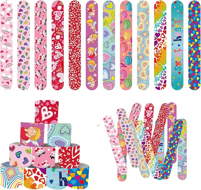 48 Pcs Valentine Slap Bracelets for Kids Valentines Day Slap Bracelets Bulk for Boys and Girls Colorful Hearts and Animal Bracelets for Party Favors Supplies Classroom Prizes Exchanging Gifts
