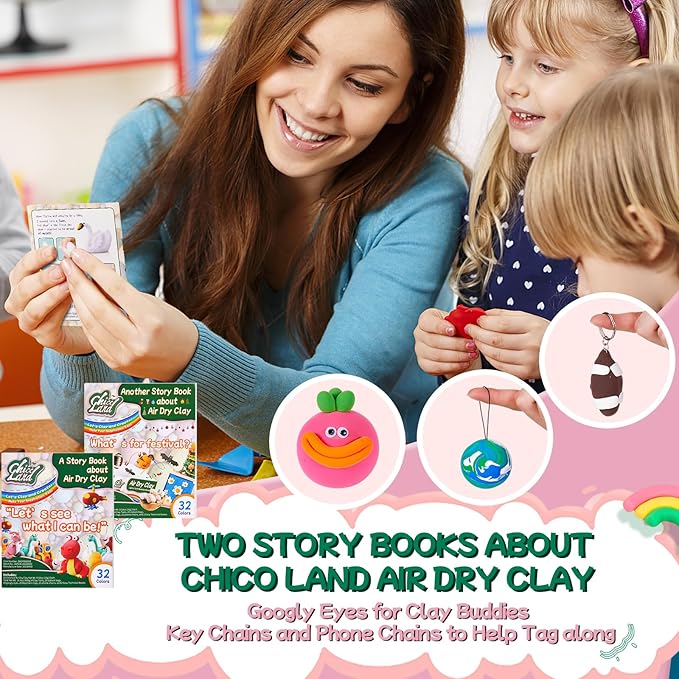 Chico Land Clay Kit - 32 Colors Air Dry Clay, Gift for Boys & Girls Age 4+ Year Old, DIY Model Modeling Clay kit for Kids, with Sculpting Tools, Decoration Accessories, Kids Art Crafts