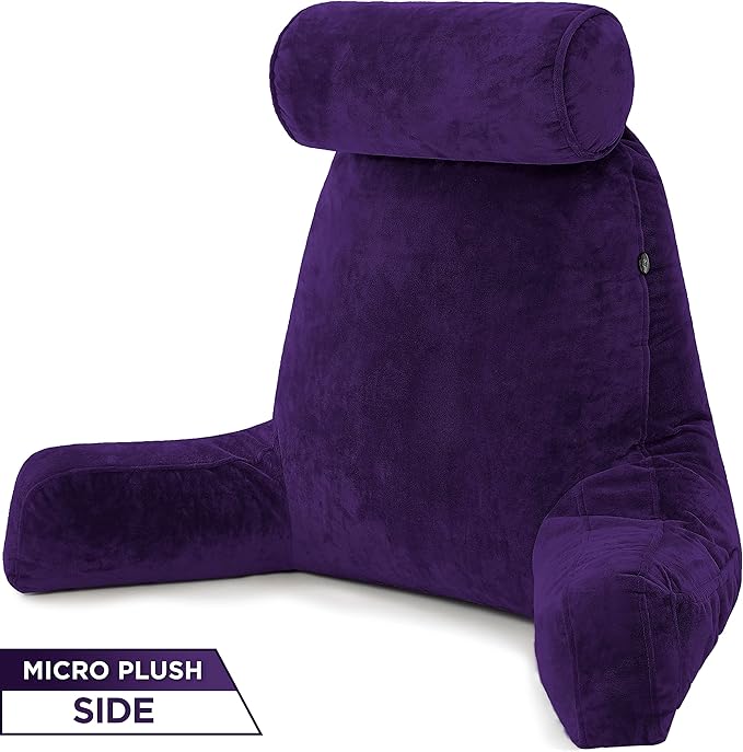 Husband Pillow XXL Aspen Edition, Adult Reading Sit Up Bed Rest Pillow for Bed with Arms & Neck Roll on Bungee Cord - Premium Memory Foam - Reversible 2 Sided Cover Micro Suede or Plush, Mauve Purple