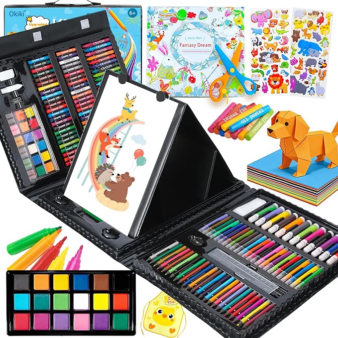 Art Supplies,297 Pack Art Set Drawing Kit for Girls Boys Artist, Deluxe Gift Art Box with Trifold Easel,Includes Oil Pastels, Colored Pencils, Coloring Book, Scissors, Apron,Origami Paper 40 Sheets