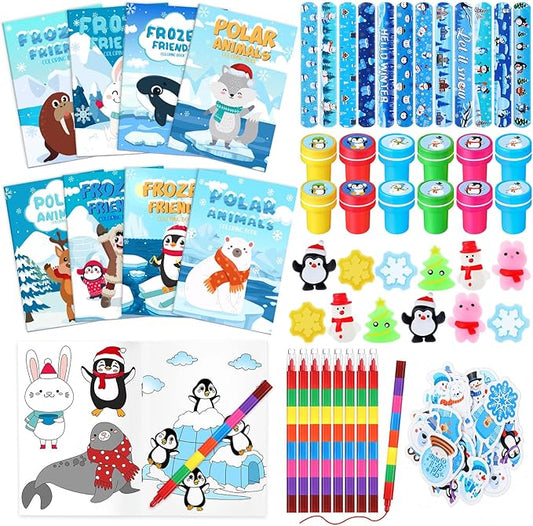 110 Pcs Winter Party Favors for Kids Polar Animals Coloring Books Crayons Slap Bracelets Mochi Stress Toys Stampers Stickers for Holiday Goodie Bags Stuffers Classroom Rewards Supplies