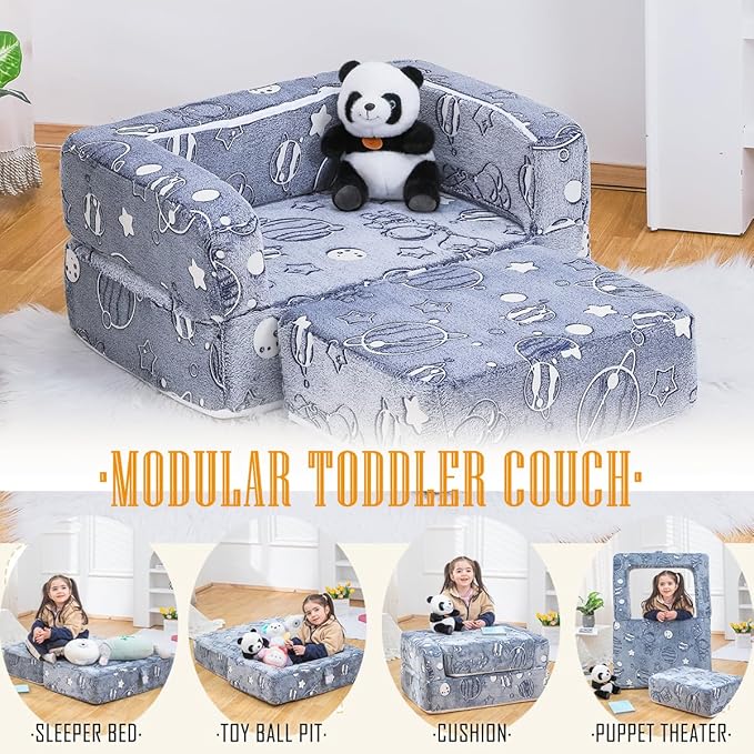 Kids Nugget Play Couch 3-in-1 Modular Toddler Couch Baby Couch Foam Armchair for Boys & Girls Children Convertible Sectional Sofa to Lounger Fold Out Kids Furniture, Grow in The Dark Universe