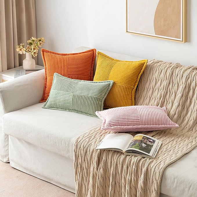 MIULEE Spring Decorative Lumbar Throw Pillow Covers for Couch Bed Livingroom 12x20 Inch Set of 2 Pink Boho Accent Throw Pllows Broadside Striped Patchwork Soft Corduroy Pillowcases Valentine Decor