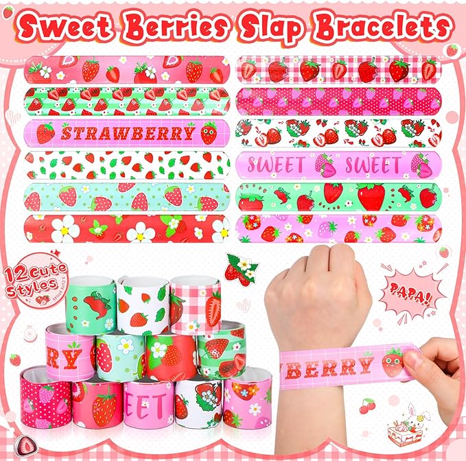 196 Pieces Strawberry Party Favors Include Sweet Berries Slap Bracelets Stickers Keychains for Berry Birthday Party Supplies Sweet One Party Summer Fruit Goodie Bag Fillers