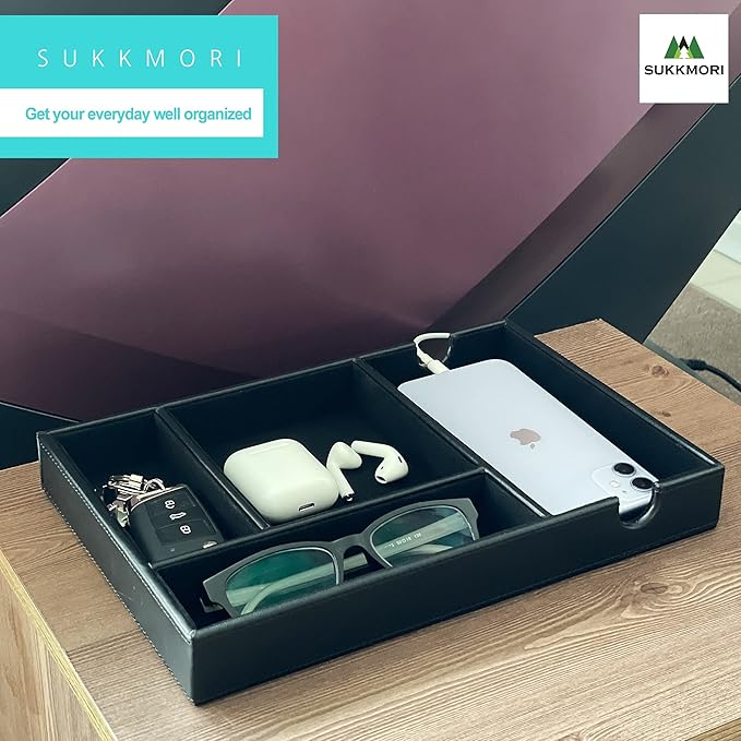 Valet Tray for Men and Women - PU Leather Desktop Organizer with 4 Compartments, Dresser Catchall Tray for Keys, Watch