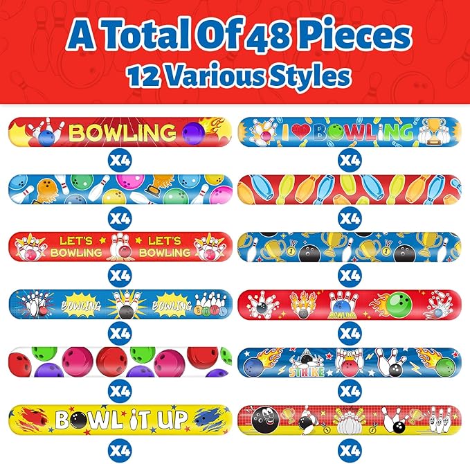 48 PCS Bowling Slap Bracelets Party Favors Bowling Wristbands Bracelets Goodie Bag Fillers for Bowling Birthday Decorations Supplies for Class Reward Prizes Gift for Kids Party Favors Birthday Gifts