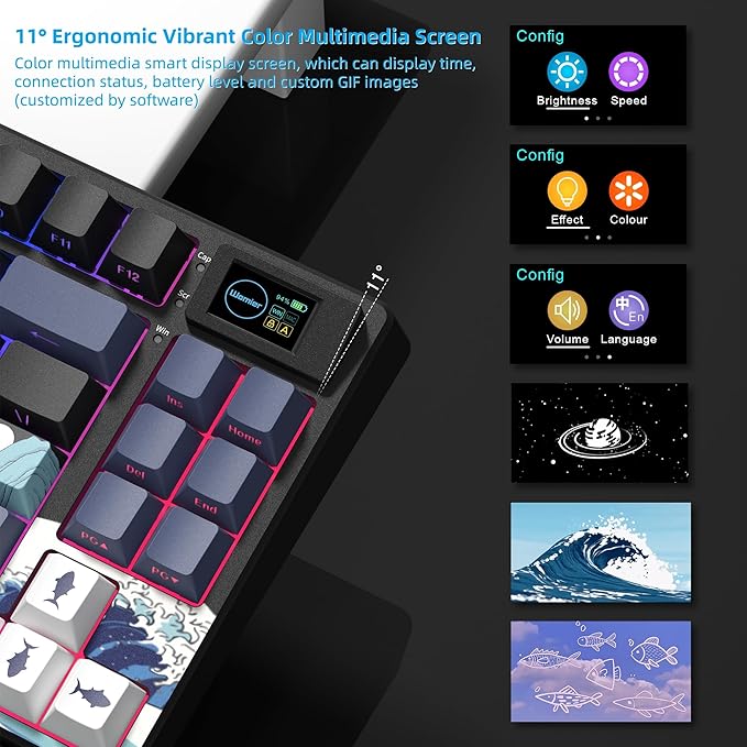 Womier 75% Wireless Mechanical Keyboard with Color Multimedia Screen Anime Gaming Creamy Keyboard, 3-Modes Hot Swappable Kanagawa Theme Key Board w/Wrist Rest, Gasket RGB Custom for Mac/Win (SK80 PRO)