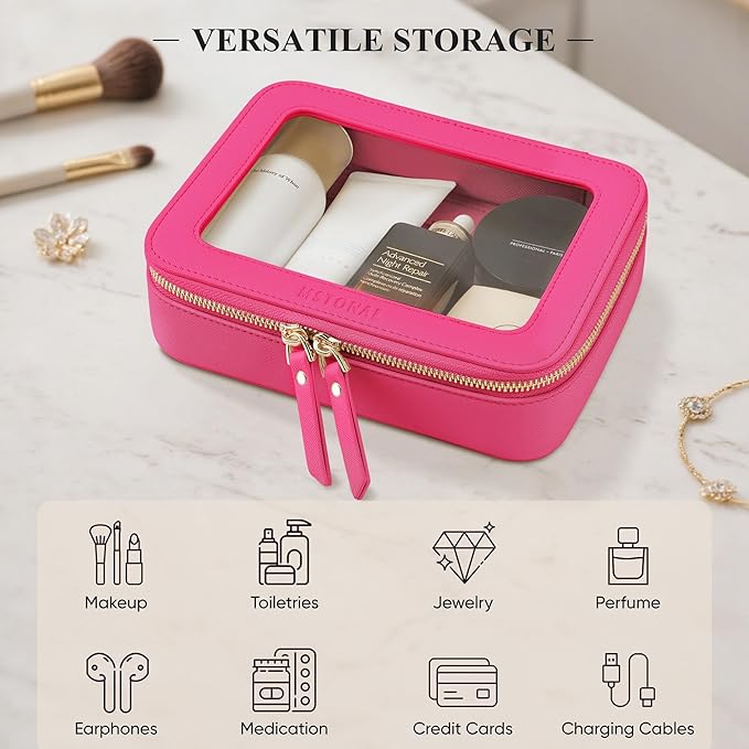 MSTONAL Clear Makeup Bag, Travel Toiletry Bag Cosmetic Case for Women, Waterproof Portable Make Up Skincare Pouch with Zipper, Compact Car Organizer Bag for Essentials, Mini & Medium, Hot Pink