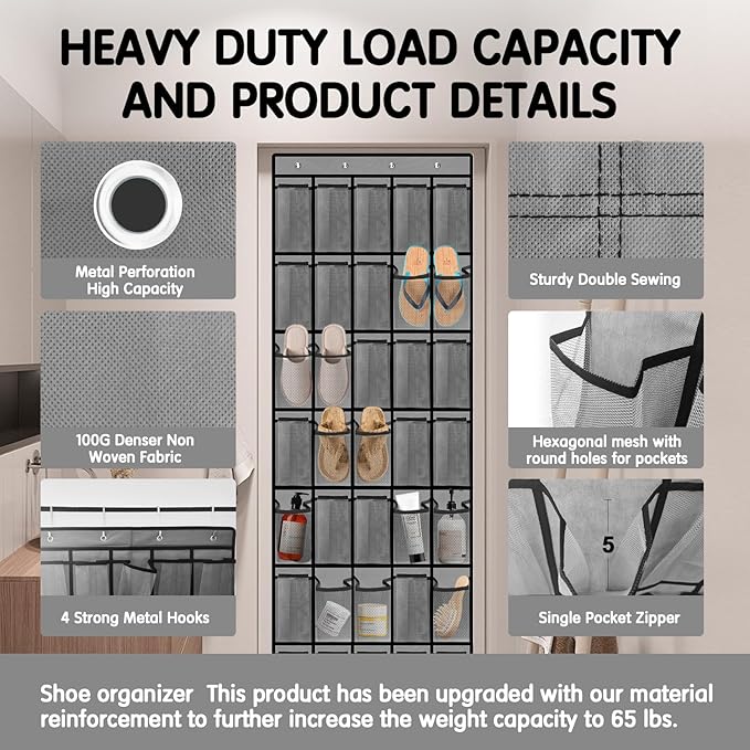 Kotkn 35 Compartment Over The Door Storage - Breathable Mesh Hanging Organizer with Large Pockets, Space Saving Design for Men & Women's Footwear, Closet, Bedroom (Gray)