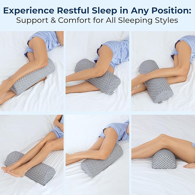 5 STARS UNITED Knee Pillow for Back Sleeping – Memory Foam Cushion for Sciatica Pain Relief – Under Leg Support for Sleeping on Back – Half Moon Bolster for Bed, Gray