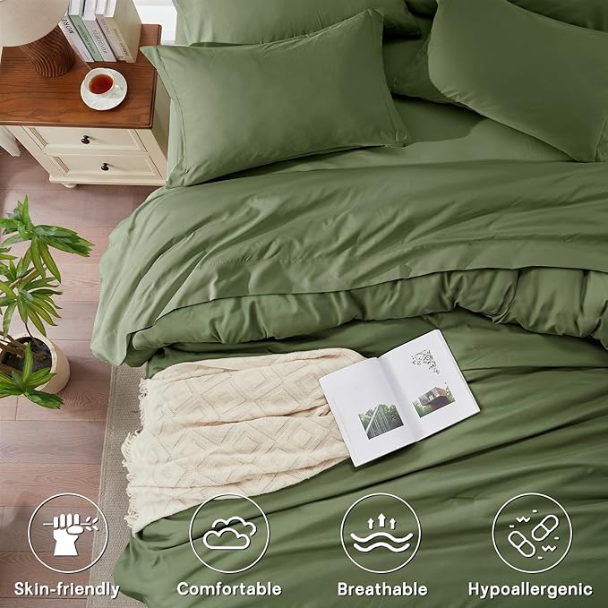 Anluoer Olive Green California King Comforter Set 7 Pieces, Bed in a Bag with Sheets, All Season Bedding Sets with 1 Comforter, 2 Pillow Shams, 2 Pillowcases, 1 Flat Sheet, 1 Fitted Sheet