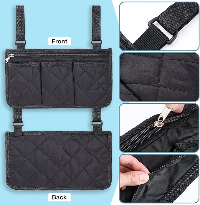 Noverlife 2 Pack Lengthened Wheelchair Side Organizer Bags, Detachable Band Wheelchair Armrest Storage Pouch for Walker, Rollator Bag Wheelchair Pouch Side Pocket Storage Bag for Electric Wheelchairs