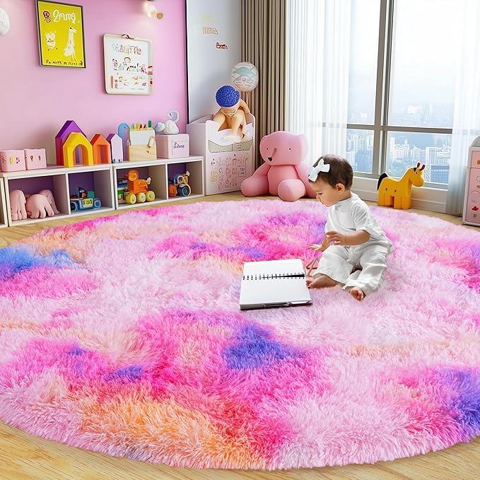 Xexsin Round Fluffy Rugs 8Ft for Girls Bedroom, Dark Rainbow Shag Circle Kids Rug Non-Slip for Bedside Dorm Nursery Playroom, Soft Cute Area Rugs for Living Room Decor