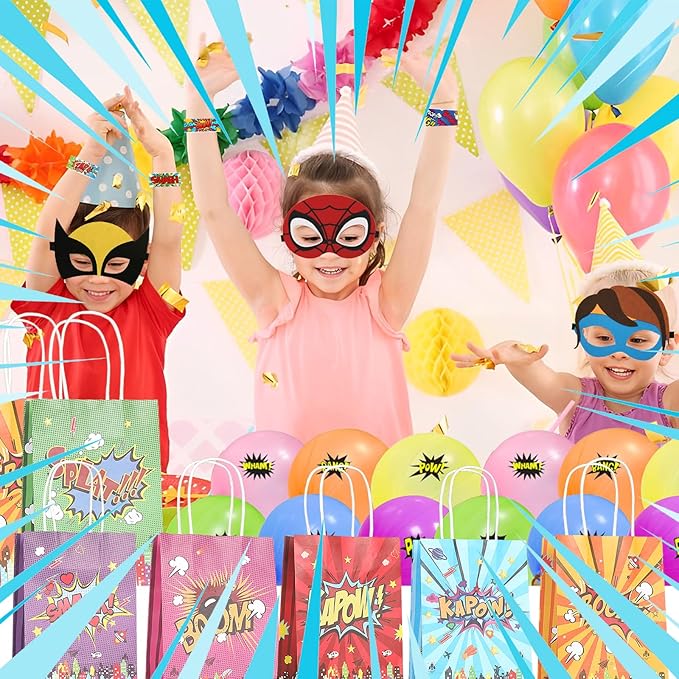 APZ 122 Pcs Superhero Party Favors -Superhero Mask Slap Bracelets Keychains Stickers Punch Balloons Finger Lights and Gift Bags for Kids Hero Party Supplies Birthday Decorations