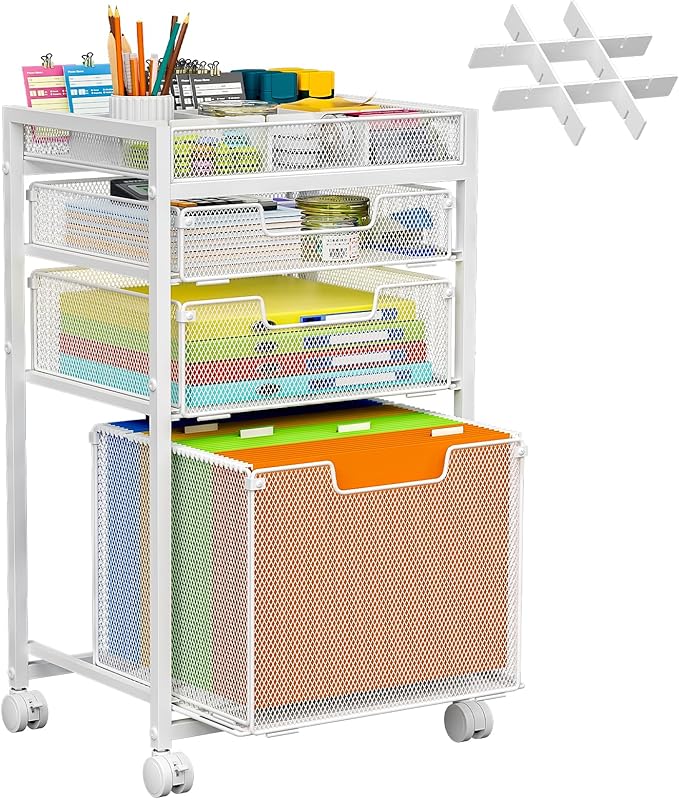 Rolling File Cart with 3 Storage Drawers, Under Desk Filing Cabinet with DIY Divider, Hanging File Folder Organizer on Wheels, Fits A4/Letter Size, Metal Utility Cart for Home Office, White