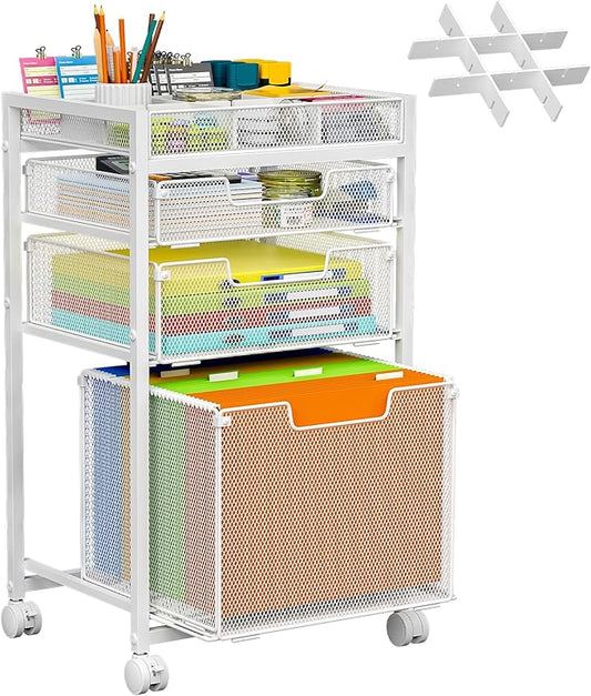 Rolling File Cart with 3 Storage Drawers, Under Desk Filing Cabinet with DIY Divider, Hanging File Folder Organizer on Wheels, Fits A4/Letter Size, Metal Utility Cart for Home Office, White