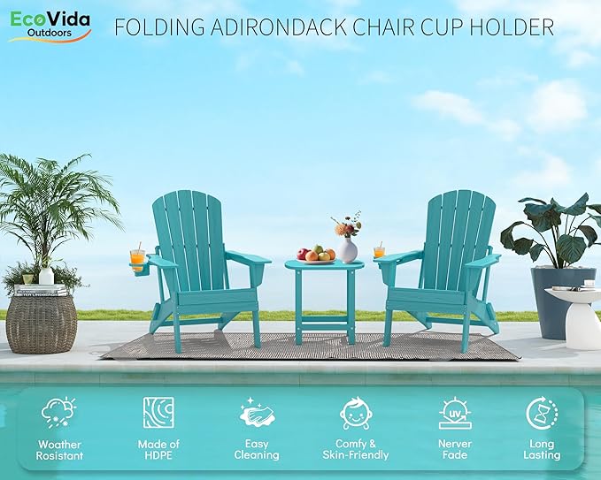 3-Piece Folding Adirondack Chair Set - 38" Extra Tall Back & Embossed Wood Grain, Oversized HDPE Patio Furniture with Side Table & Cup Holders, 380lb Heavy Duty, Aruba Blue