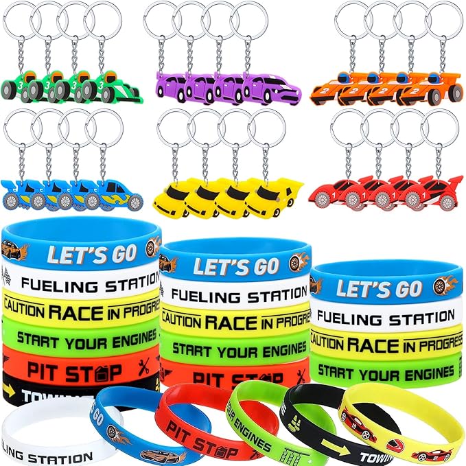 Aoriher 48 Pcs Race Car Birthday Party Favors Racing Rubber Bracelets and Car Theme Keychains Racing Party Goodie Bag Fillers Classroom Rewards for Girls and Boys Birthday Party Decoration Supplies