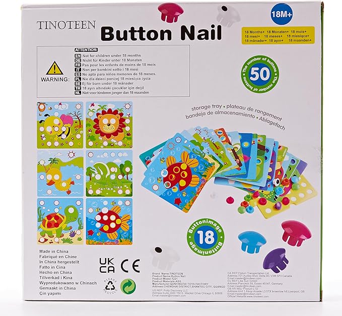 TINOTEEN Button Art Toy for Toddlers,Toddler Activities Crafts Color Matching Early Learning Educational Mosaic Pegboard 50 Buttons and 18 Pictures