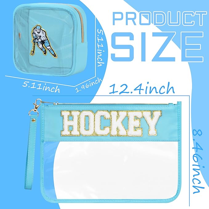 BuyCard 2 Pcs Hockey Gifts Makeup Bag with Chenille Letter Patch, Clear Cosmetic Pouch PVC Organizer Purse, Waterproof Travel Bag, Portable Toiletry Storage Bag for Her Girls Friends Women