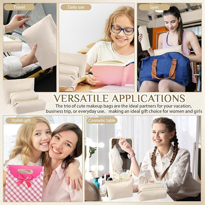 Huhumy 3 Pcs Makeup Bag Set for Women Corduroy Cosmetic Pouch Aesthetic Smile Travel Toiletry Bag Cute Purse Pouch Pencil Case Makeup Brushes Storage Organizer for Valentine(White,Solid Style)